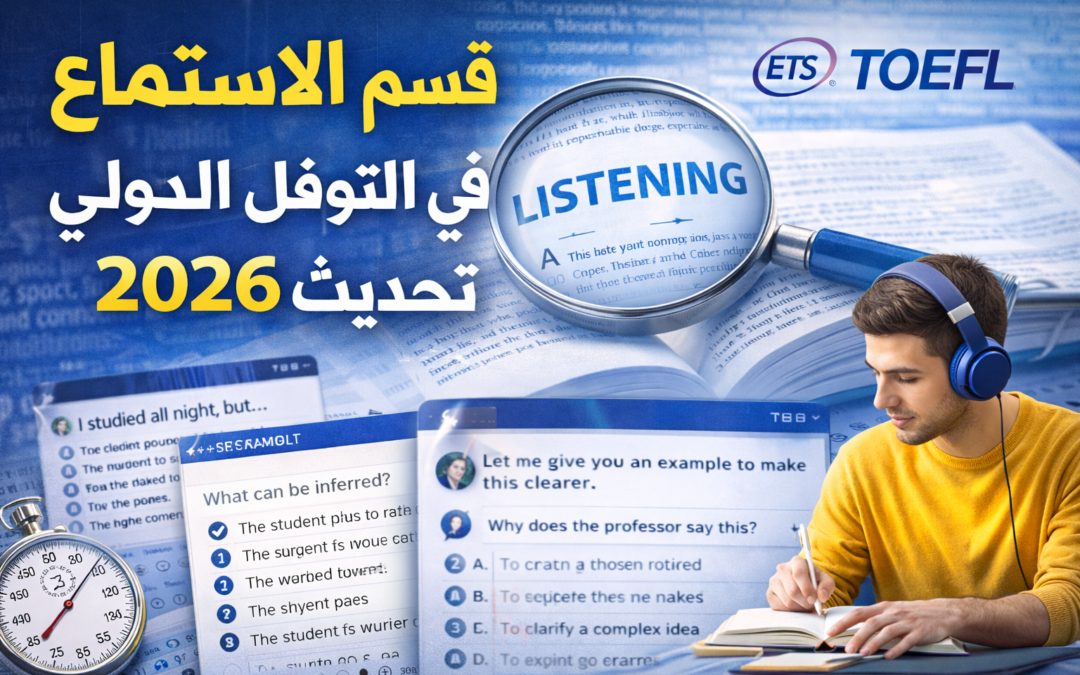 شرح قسم الاستماع في التوفل الجديد 2026 🎧✅ (بالتفصيل + أمثلة + أسرار الدرجة)